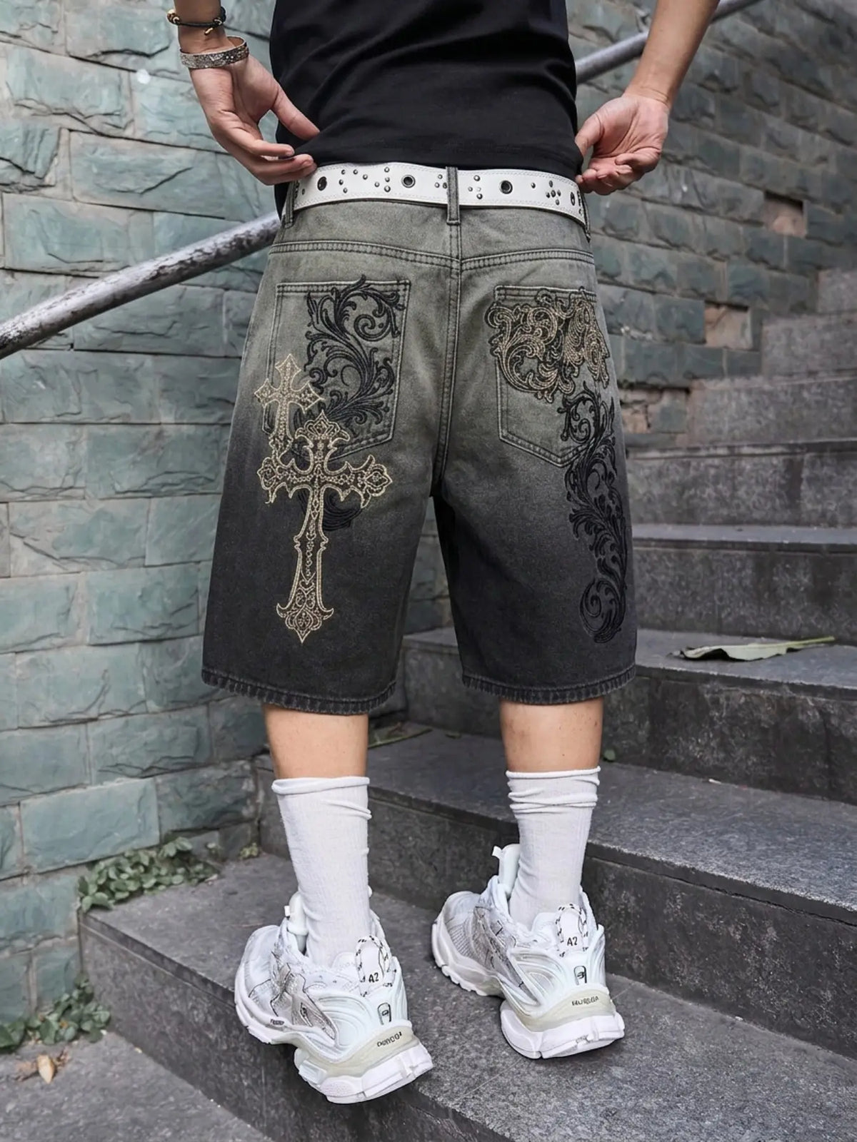 Men's Streetwear Aesthetic Denim Shorts, Casual Loose-Fit Baggy, Breathable Cotton, All-Season Wear, Graphic Pattern, Fashionable Summer Gym Shorts