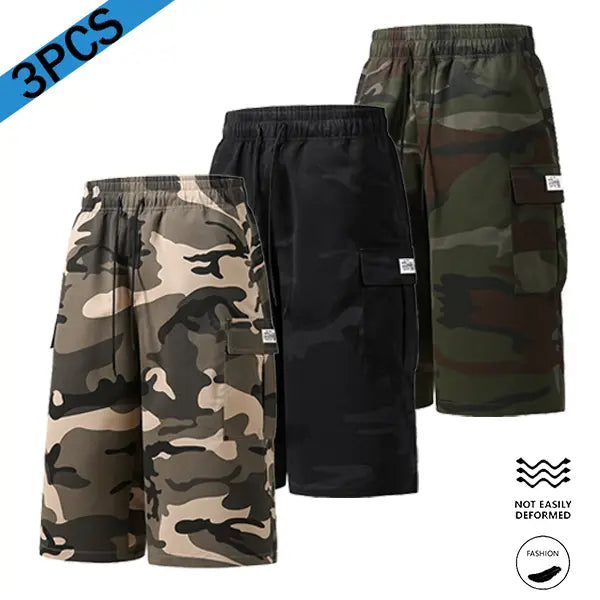 Men’s 3-Pack 7-Inch Cargo Shorts, Vintage Camouflage Army Print Cargo Colorway Menswear, Loose Elastic Waist, Multiple Pockets, Adjustable Bottom for Summer Casual Streetwear, Camouflage Men's Shorts