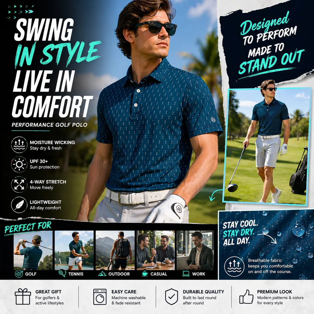 ZITY Men’s 3-Pack Short Sleeve Unique Prints Button Polo Shirts - 4-Way Stretch, Breathable, Moisture Wicking, Cool Touch, UPF 30+ Protection, Casual Outdoors/Party Top - Check Size Chart, Holiday Gifts for Boyfriend