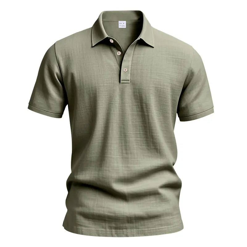 Men’s summer washable crinkled linen polo shirt with classic lapel and three-button placket, relaxed drop-shoulder fit; lightweight and breathable—ideal for seaside/beach, commuting, and casual wear.