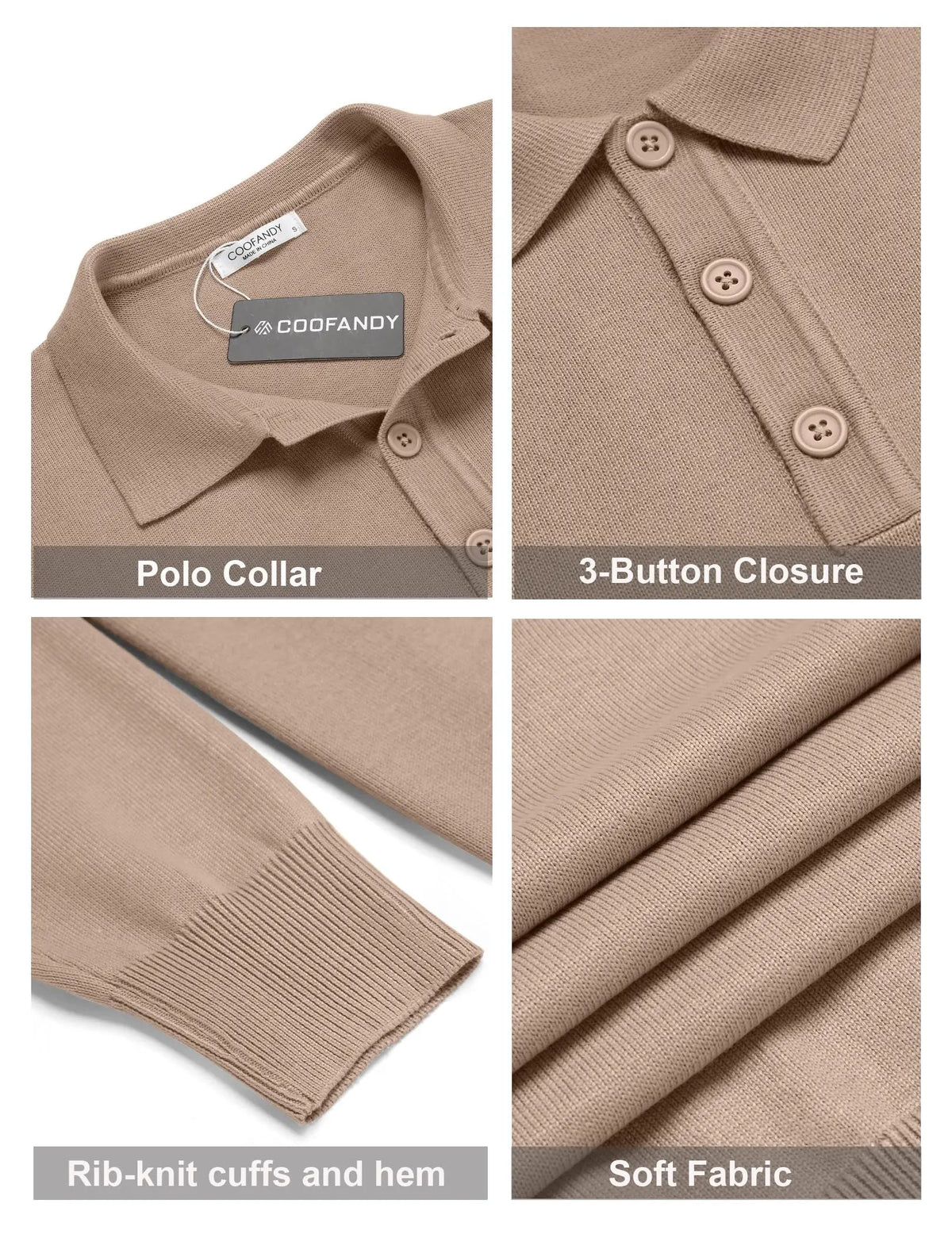 COOFANDY Men's Long Sleeve Knit Polo - Casual Button Down Golf Shirts for Men Formal Quarter