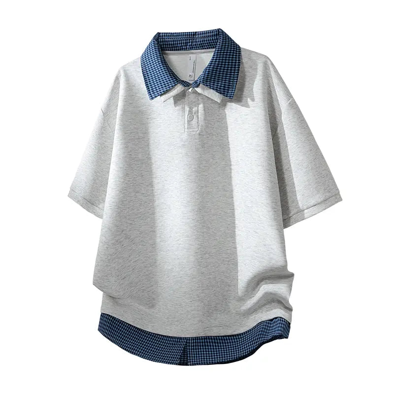 Unisex Menswear Short-Sleeve Retro Minimalist Faux 2-Piece Plaid Patchwork Polo Top, Contrast Piping, Turn-Down Collar, Stylish Summer American Loose Casual Streetwear, Versatile for Outdoor Sport Wear & Commuting