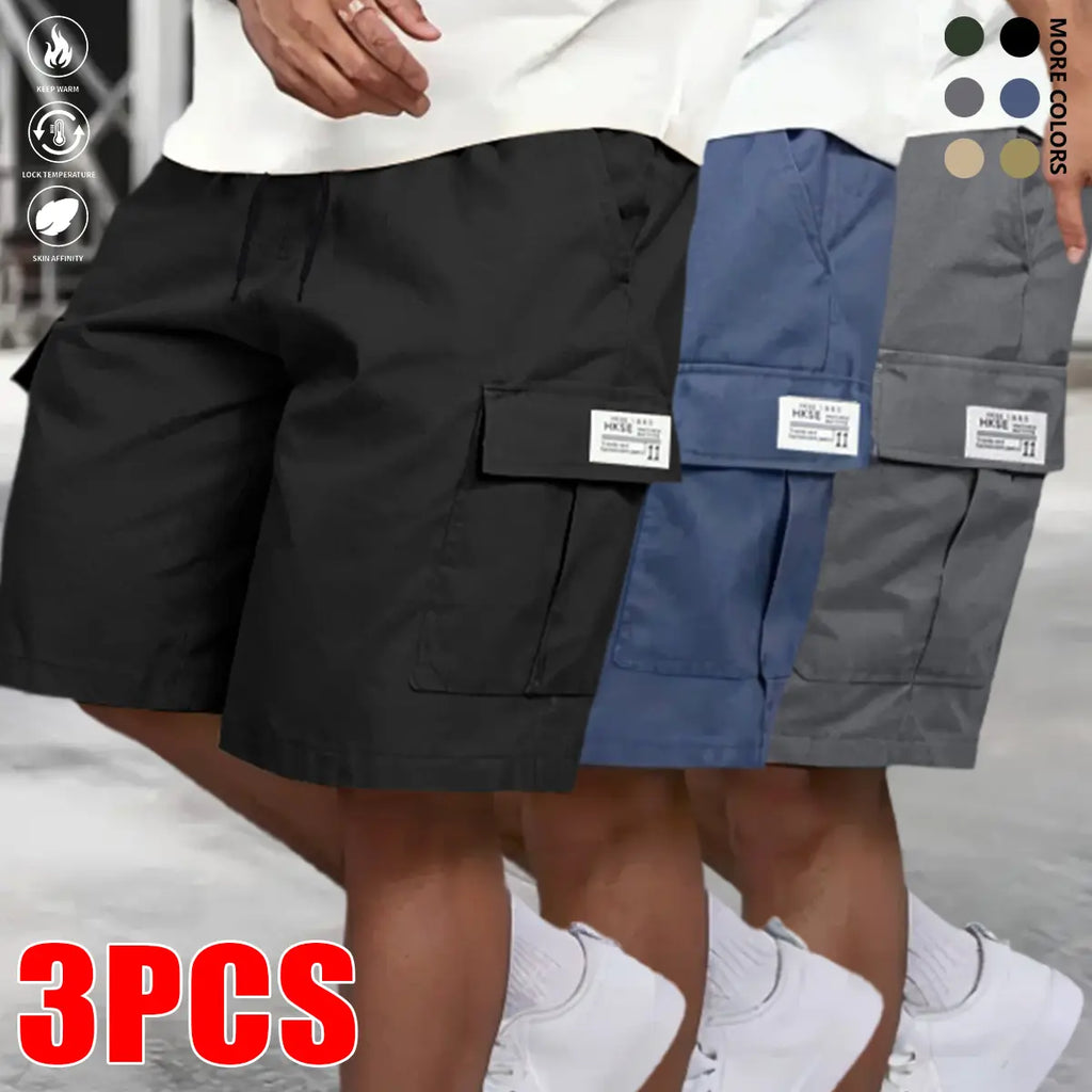 Men's 3-Pack Cargo Shorts Bundle (Black+Gray+Khaki) - Heavy-Duty Ripstop Fabric, Utility Pockets, Adjustable Waist, Fitted Cut, Workout Ready - Men's Clothing for Hiking, Construction Use, Size M