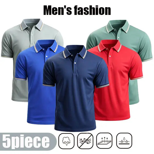 Men's 5-Pack Short-Sleeve Polo Shirts Set, Classic Notched Collar, Soft Lightweight Breathable Moisture-Wicking Fabric, Striped Athletic Activewear Top, Multiple Stylish Colors, Casual Sport Menswear