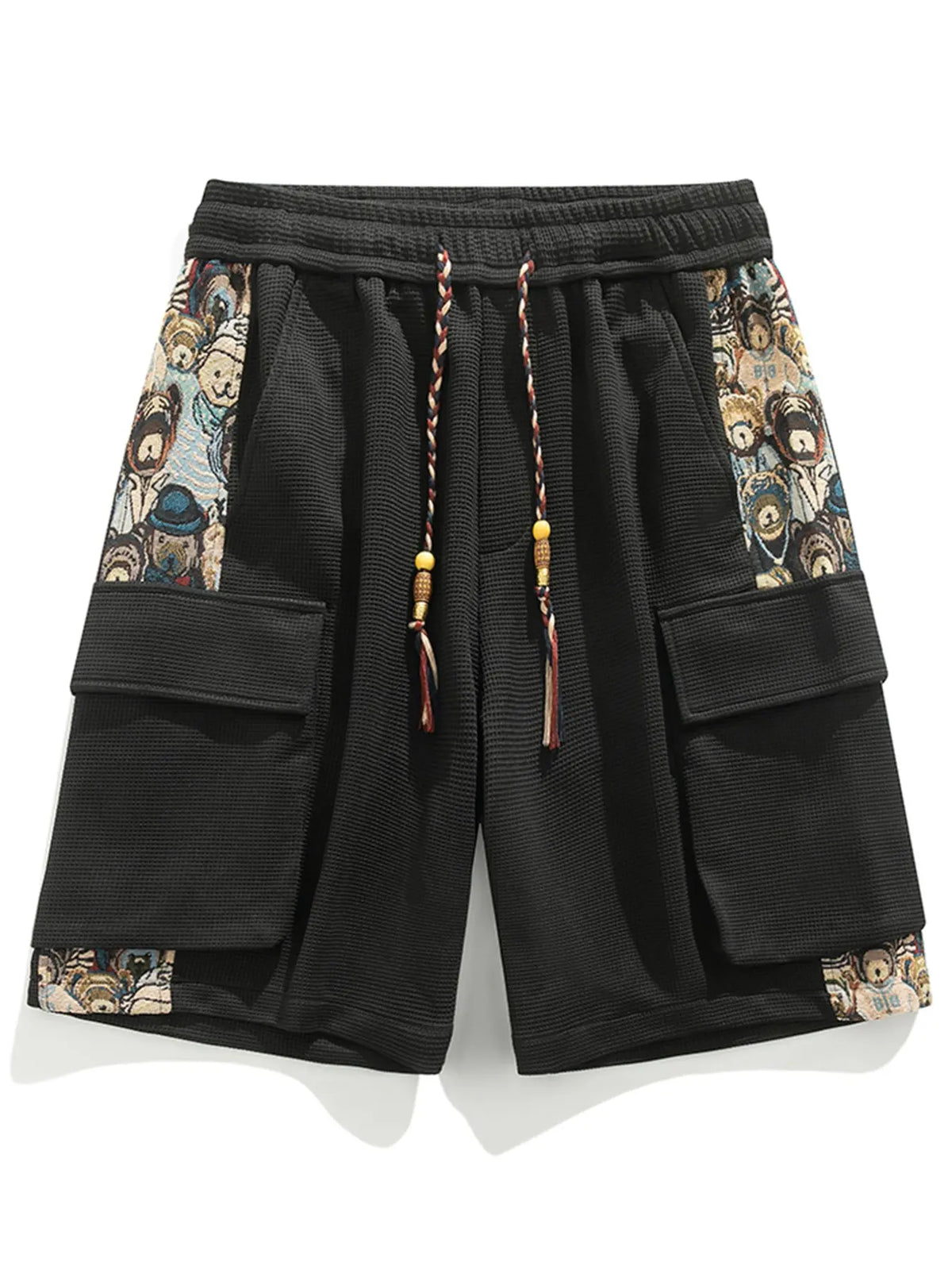 Men's Trendy Cargo Shorts with Cartoon Print, Casual Fitted Pocket Shorts for Summer, Stylish Drawstring Waist Shorts, Fashionable Shorts, Drawstrings Shorts