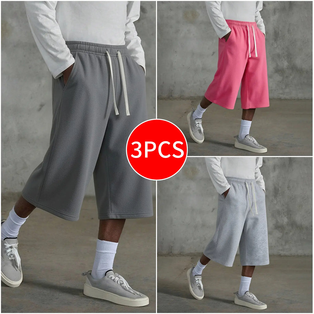 3-pack Men’s casual seven-eighths shorts, summer street style; men’s straight-leg athletic pants; soft, comfortable jogging pants with pockets—suitable for everyday life, work, travel, running, leisure, and outdoor activities.
