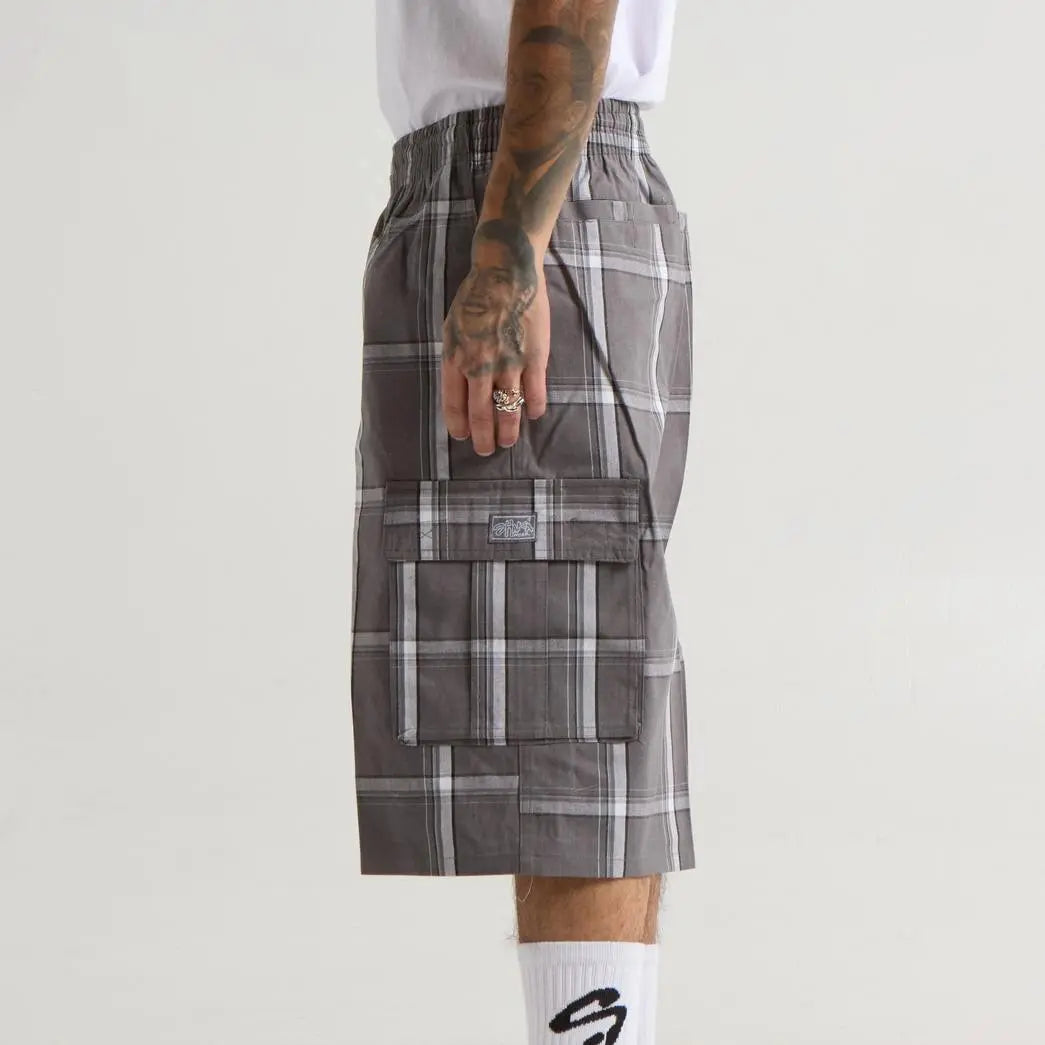 SHAKAWEAR Men's Checked Plaid Casual Streetwear Cargo Shorts - Stretch, 6 Pockets, Drawstrings, Versatile Outfits