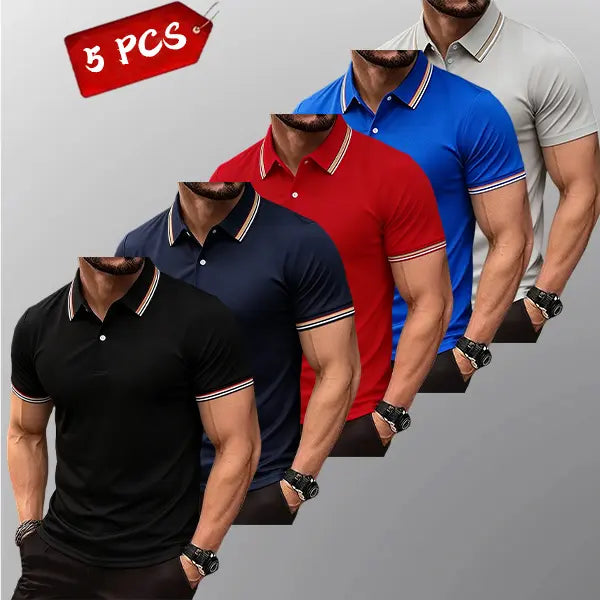 Men's 5-Pack Knit Striped Collar Short-Sleeve Fitted Polo Shirts - Slim Fit, Classic Button Front, Polyester Fabric, Breathable Moisture-Wicking Drip Dry, Cold Wash, Work Outdoor Tops, Menswear