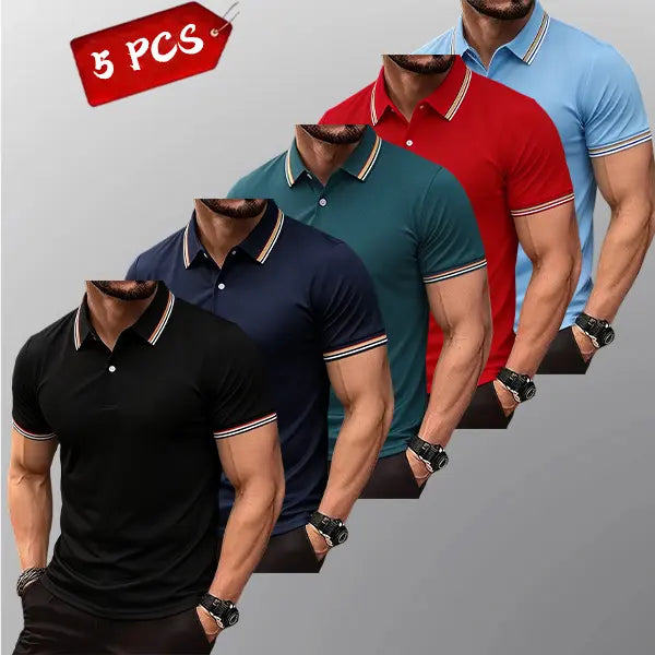 Men's 5-Pack Knit Striped Collar Short-Sleeve Fitted Polo Shirts - Slim Fit, Classic Button Front, Polyester Fabric, Breathable Moisture-Wicking Drip Dry, Cold Wash, Work Outdoor Tops, Menswear