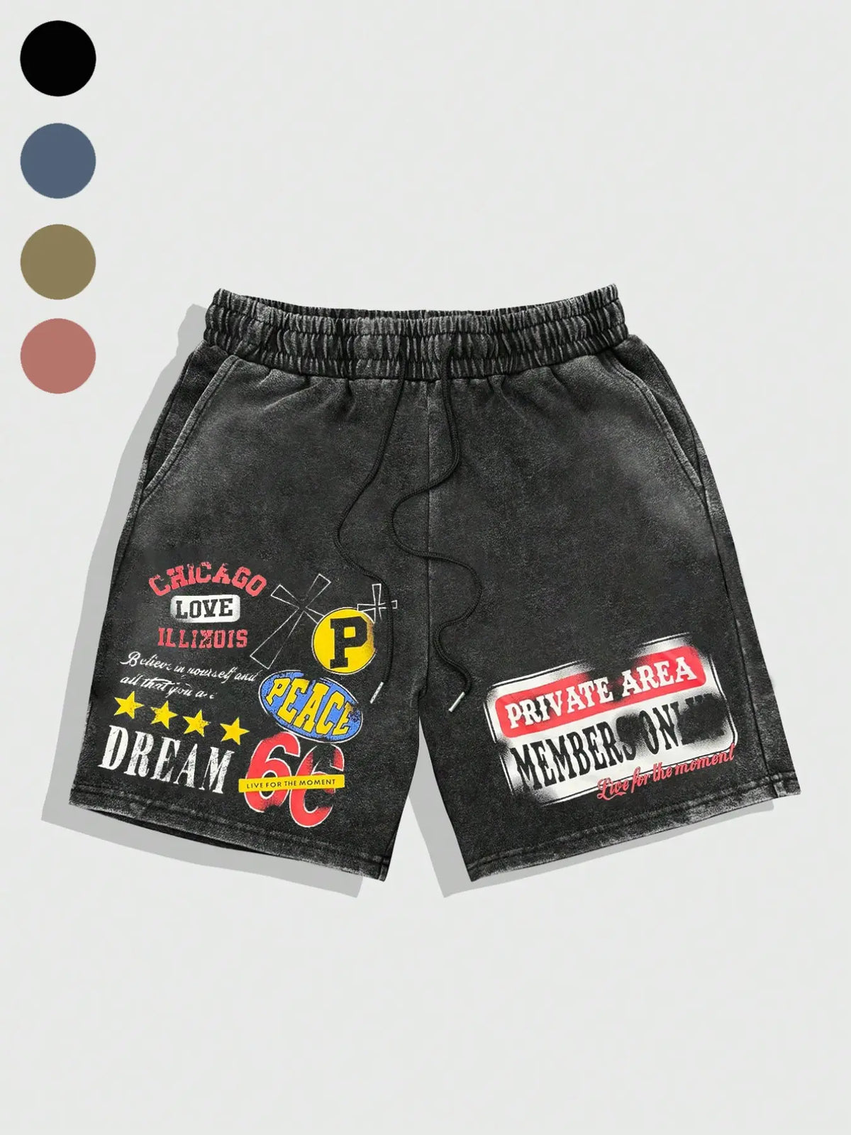 Men's Washed '66 Road' Loose Graphic Shorts, Vintage Patchwork Print, Soft Cotton Blend Fabric, Casual Street Style, Daily Wear, Casual Streetwear Shorts
