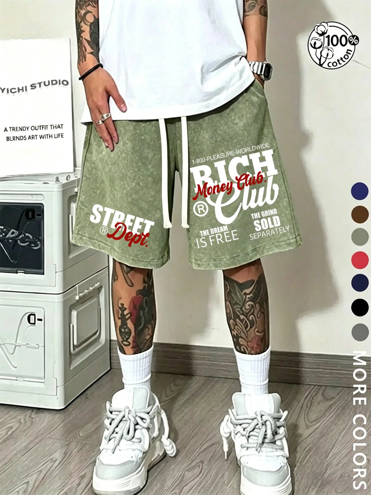 Unisex Street-Style Summer Shorts, Letter Print Shorts, 'Money' Slogan and RICH Lettering, American Hip-Hop Washed Cotton Graphic, Loose-Fit Drawstring Waist, Chic Casual Shorts, Suitable for Streetwear, Couple Outfits, and Everyday Wear