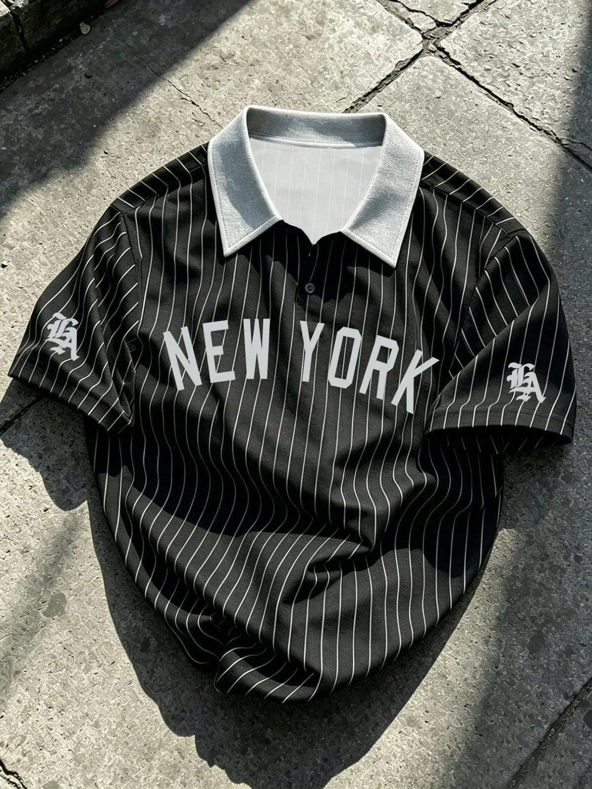 Men's Retro Vintage New York Print Striped Polo Shirt, Loose-Fit Colorblock Collar Short Sleeve Design, Trendy Casual Street Baseball Style Summer Top, Summer Polos, Summer Polo Shirts