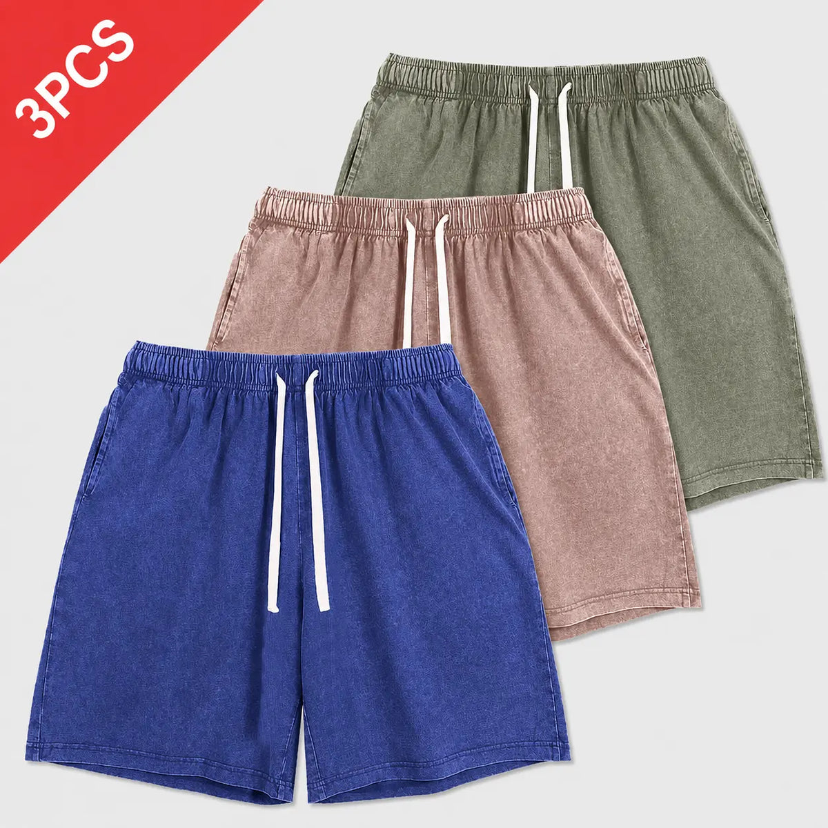 Men's 100% Combed Cotton Washed Drawstring Beach Shorts - Above-the-Knee, Elastic Waist, Loose Fit, Breathable Comfy Fabric, Side Pockets, Summer Casual Wear, S-3XL