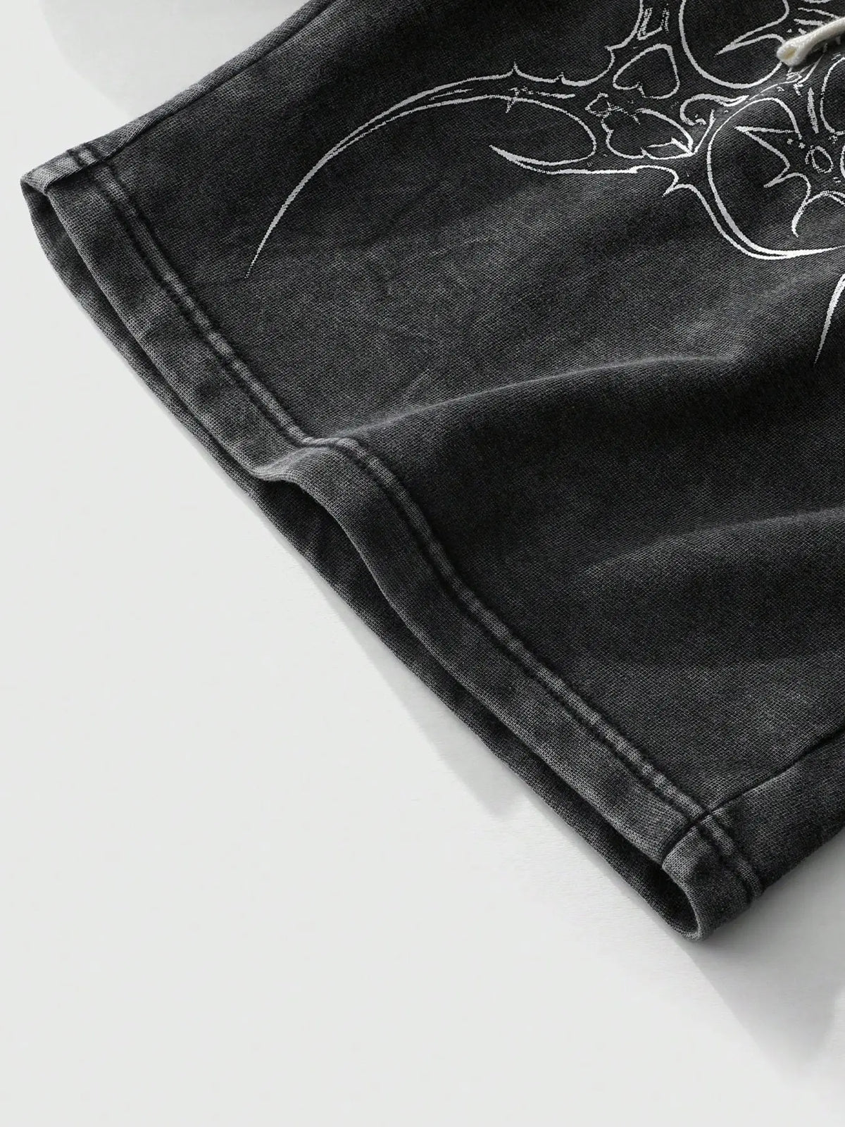 Y2K Gothic Thorn Totem Shorts, Washed Cotton Loose Street Style Unisex Casual Shorts, Drawstring Waist, Graphic Pattern, Short Length, Graphic Print Shorts, Loose Fit Shorts, Drawstring Waistband Shorts, Casual Streetwear Shorts