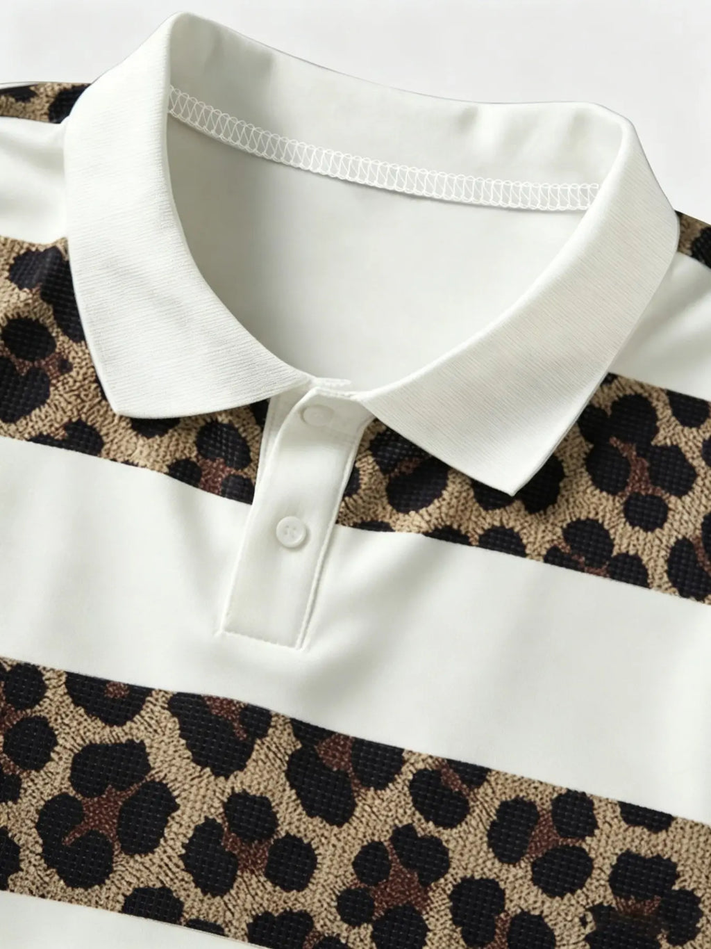Men's Leopard Print And White Striped Patchwork Printed Polo Shirt, Loose Fit Short Sleeve Casual Top For Summer Polos Daily Streetwear Menswear