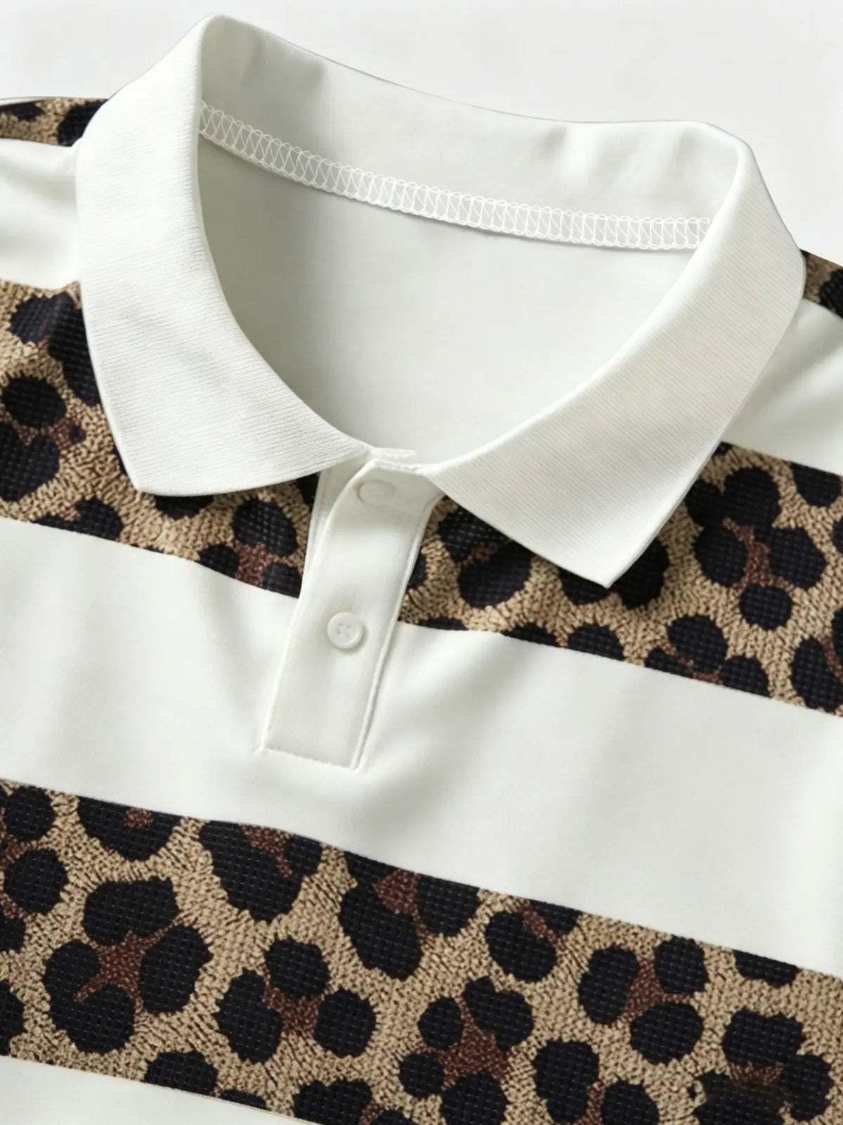 Men's Leopard Print And White Striped Patchwork Printed Polo Shirt, Loose Fit Short Sleeve Casual Top For Summer Polos Daily Streetwear Menswear