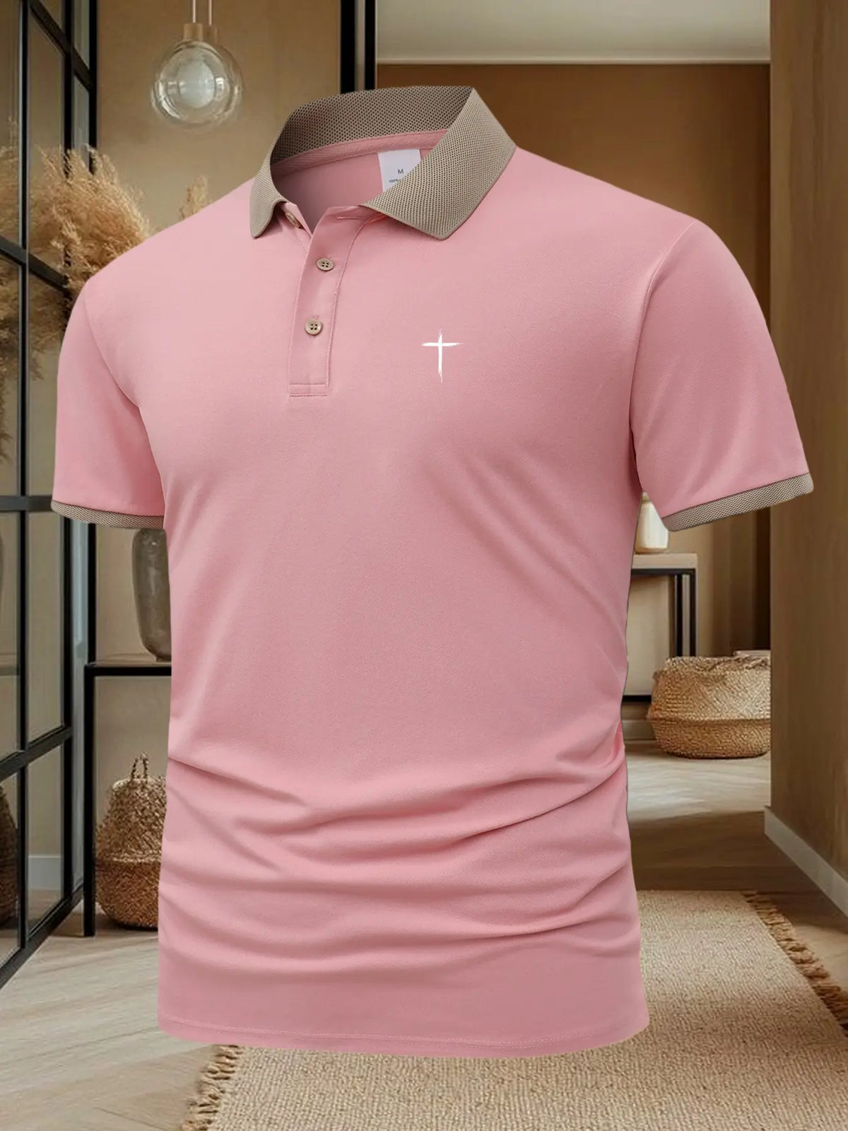 Men's Cross Print Casual Classic Short Sleeve Polo Shirt, Summer Fashion Breathable Top, Stylish Leisure Wear, Perfect Gift Idea