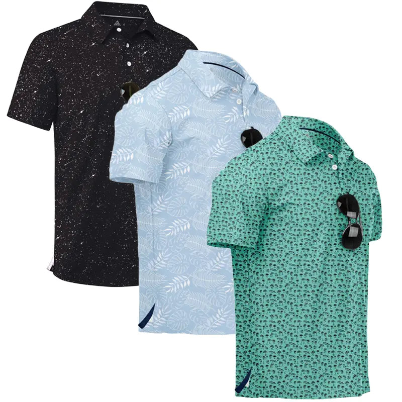 ZITY Men’s 3-Pack Short Sleeve Unique Prints Button Polo Shirts - 4-Way Stretch, Breathable, Moisture Wicking, Cool Touch, UPF 30+ Protection, Casual Outdoors/Party Top - Check Size Chart, Holiday Gifts for Boyfriend
