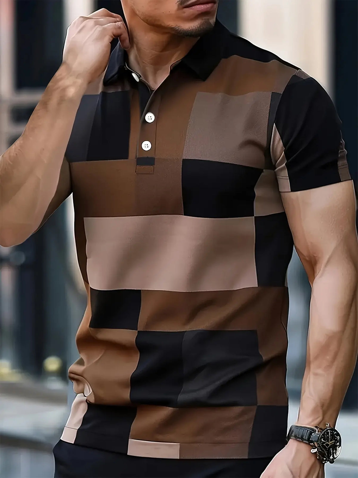 Men's Printed Color Blocked Casual Menswear Short Sleeved Buttoned Polo Shirt Collared Polo Shirts Summer Polos