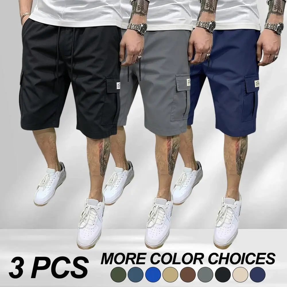 3-piece set of men’s fitted workwear shorts — casual summer drawstring color-blocked shorts that are lightweight and breathable, featuring diagonal insertion and multiple pockets; multifunctional for daily wear, beach, and fitness. Men’s fitted shorts; a