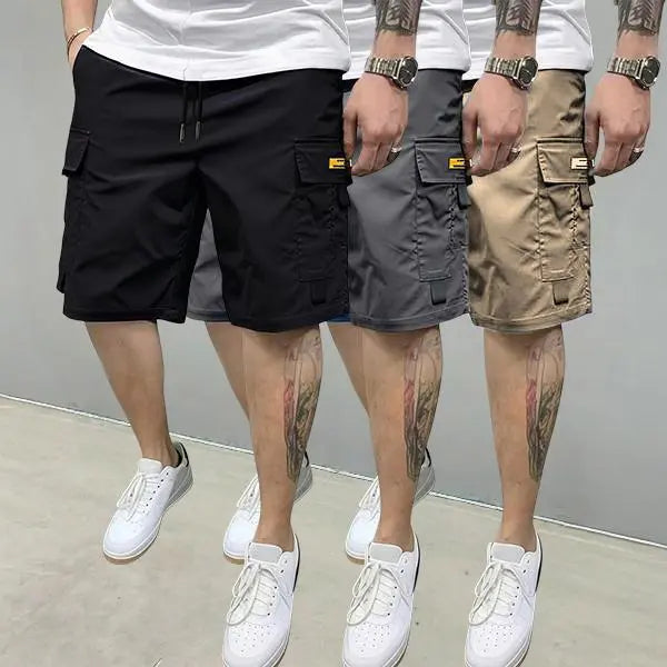 Men's 3-Piece Plain Streetwear Utility Outfits - Hoodie, Multi-Pocket Design Lightweight Mid-Rise Utility Men's Shorts, Comfortable Stylish Outdoor Clothes, Suitable for Everyday Casual & Sports Wear, Beige, Multi-Pocket Design Men's Shorts