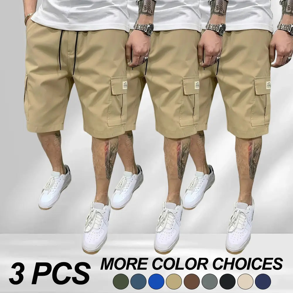 3-piece set of men’s fitted workwear shorts — casual summer drawstring color-blocked shorts that are lightweight and breathable, featuring diagonal insertion and multiple pockets; multifunctional for daily wear, beach, and fitness. Men’s fitted shorts; a