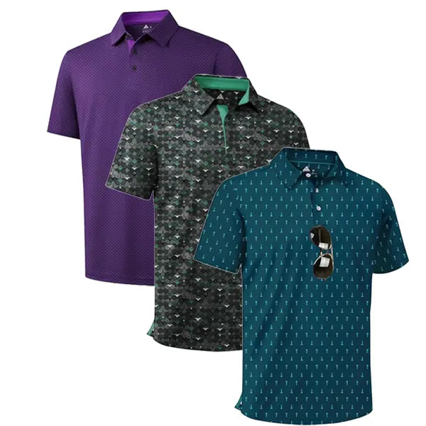 ZITY Men’s 3-Pack Short Sleeve Unique Prints Button Polo Shirts - 4-Way Stretch, Breathable, Moisture Wicking, Cool Touch, UPF 30+ Protection, Casual Outdoors/Party Top - Check Size Chart, Holiday Gifts for Boyfriend