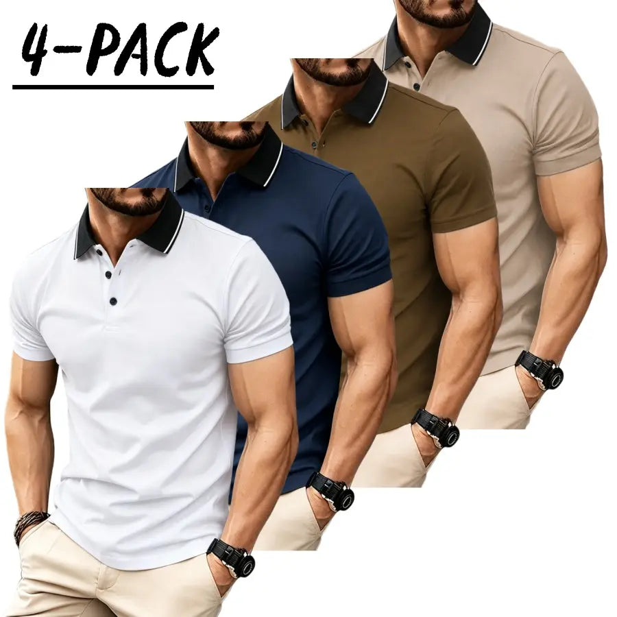 Men’s short sleeve polo shirt set of four pieces with a turn down collar and three buttons; urban casual style with contrast piping at the collar, slim tailored shoulders, and refined bead detailing. Suitable for men’s commuting, shopping, and exploring s