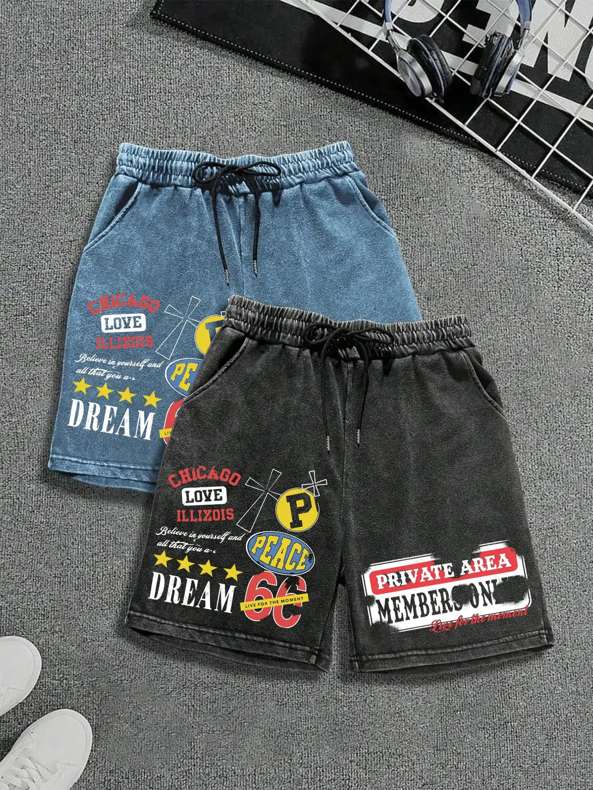 Men's Washed '66 Road' Loose Graphic Shorts, Vintage Patchwork Print, Soft Cotton Blend Fabric, Casual Street Style, Daily Wear, Casual Streetwear Shorts