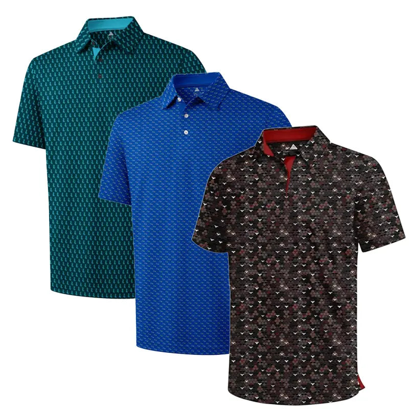 ZITY Men’s 3-Pack Short Sleeve Unique Prints Button Polo Shirts - 4-Way Stretch, Breathable, Moisture Wicking, Cool Touch, UPF 30+ Protection, Casual Outdoors/Party Top - Check Size Chart, Holiday Gifts for Boyfriend