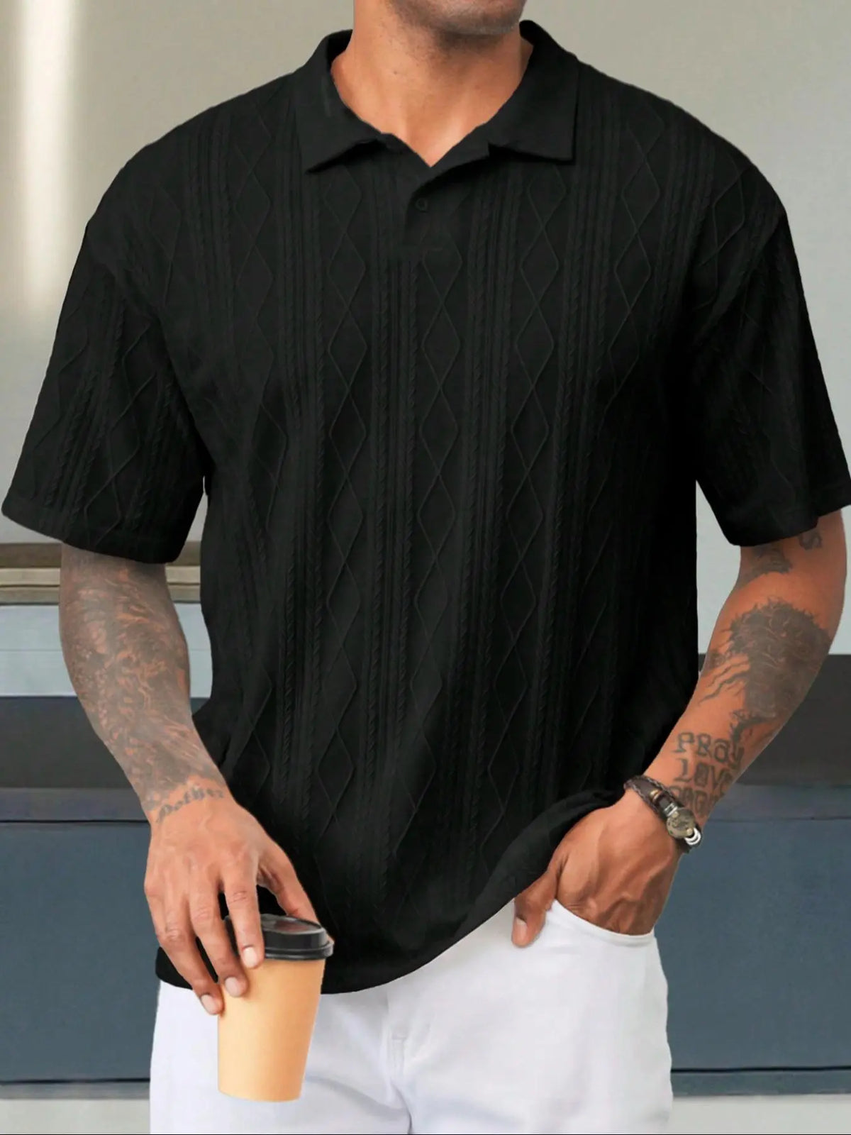 Men's Textured Design Knitted Polo Shirt, Casual Summer Fitted Plain Short Sleeve Top, Soft Breathable Fabric, Trendy Daily Wear, Casual Polo Shirts