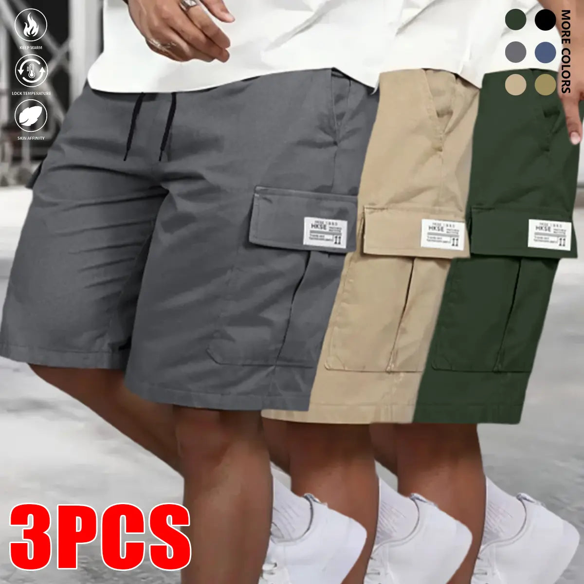 Men's 3-Pack Cargo Shorts Bundle (Black+Gray+Khaki) - Heavy-Duty Ripstop Fabric, Utility Pockets, Adjustable Waist, Fitted Cut, Workout Ready - Men's Clothing for Hiking, Construction Use, Size M