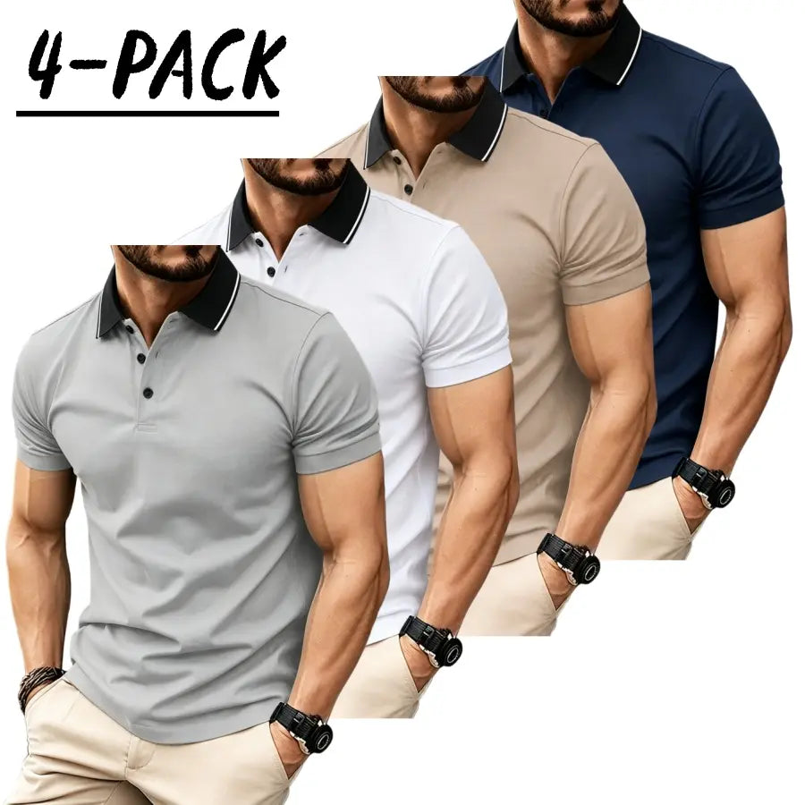 Men’s short sleeve polo shirt set of four pieces with a turn down collar and three buttons; urban casual style with contrast piping at the collar, slim tailored shoulders, and refined bead detailing. Suitable for men’s commuting, shopping, and exploring s