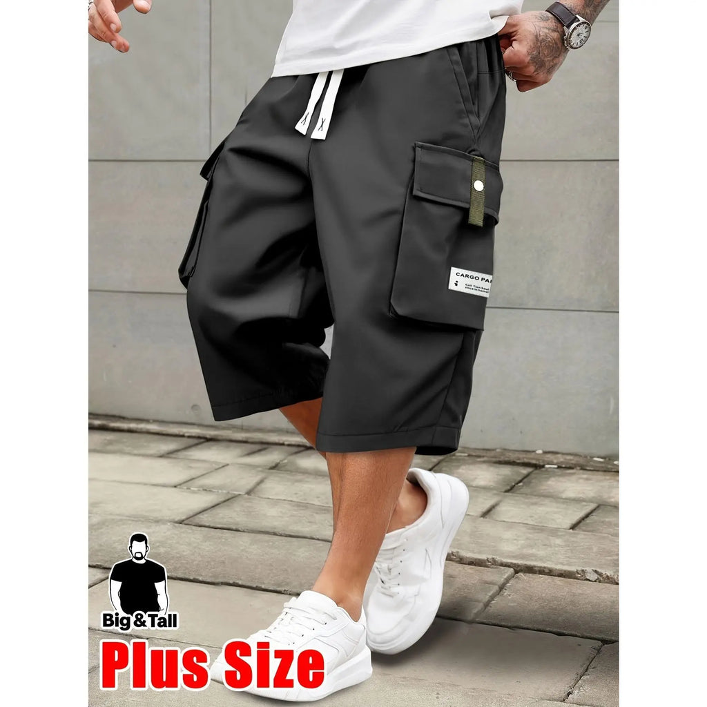 Men's plus size summer work pants elastic drawstring waist circumference, multiple pockets and letter patches, regular mid waist non elastic fabric, opaque, suitable for daily and casual wear, Father's Day gift casual pants for summer