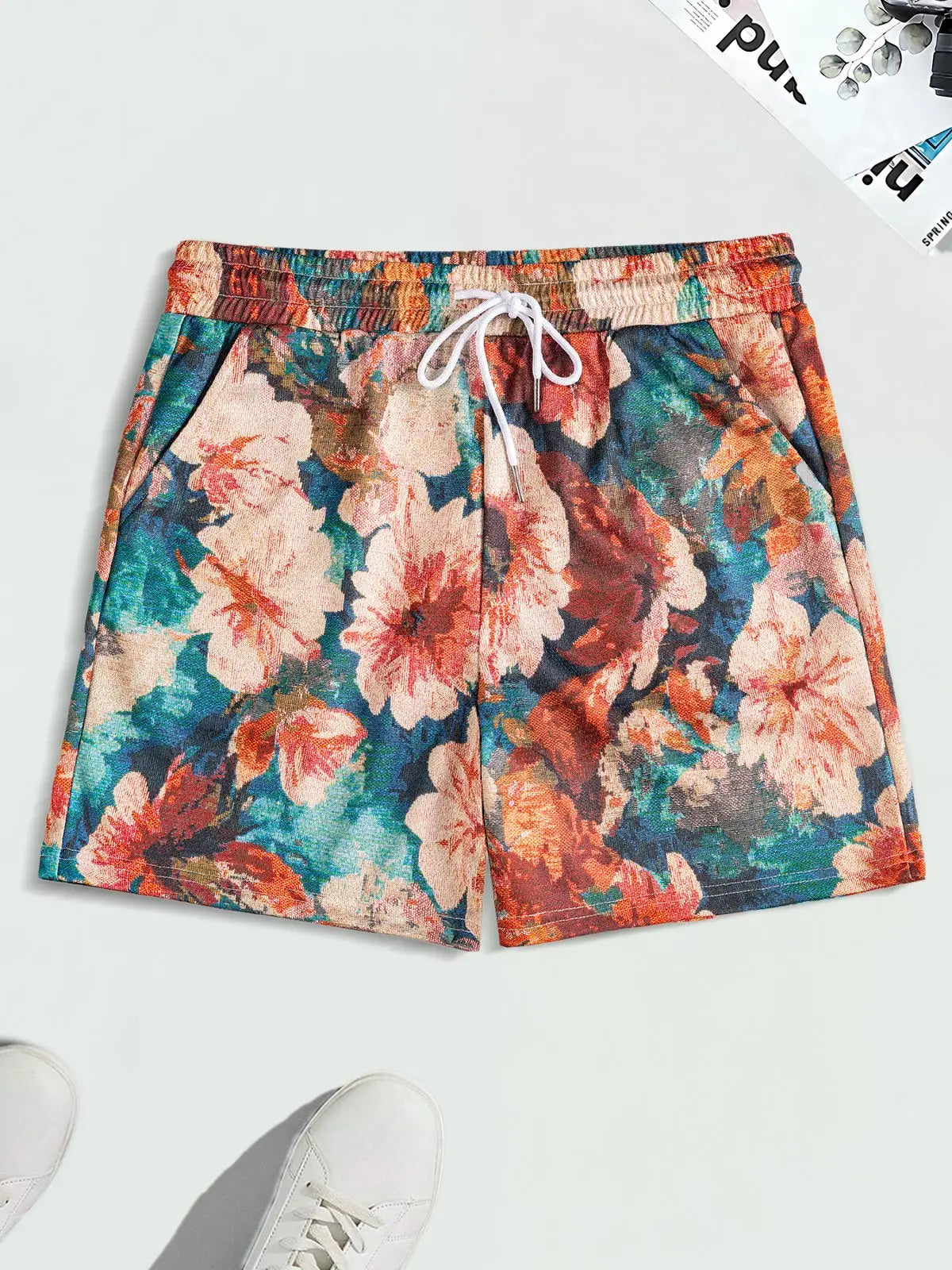 Men's Floral Print Drawstring Waist Shorts, Regular Fit Bohemian Casual Pocket Shorts for Summer, Men's Bottoms for Beach Vacation，For the desired model effect, please order one size larger.