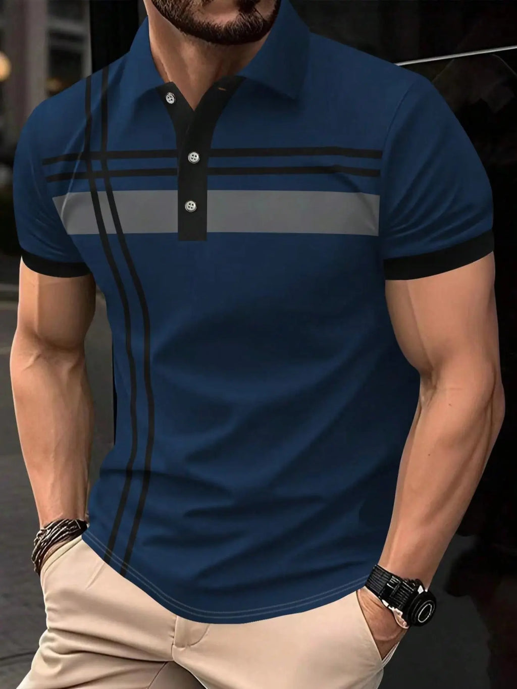 Men's Striped Print Contrast Binding, Casual Short-Sleeve Button-Front Top, Casual Polo Shirts for Summer, Fashion Men's Clothes for Daily Wear
