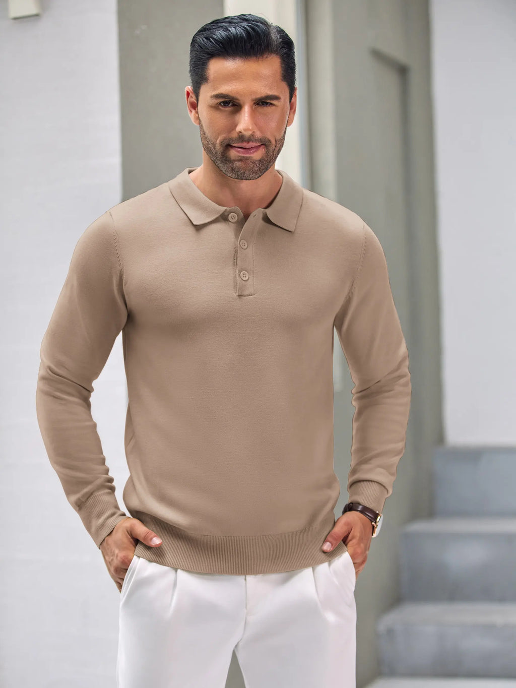 COOFANDY Men's Long Sleeve Knit Polo - Casual Button Down Golf Shirts for Men Formal Quarter