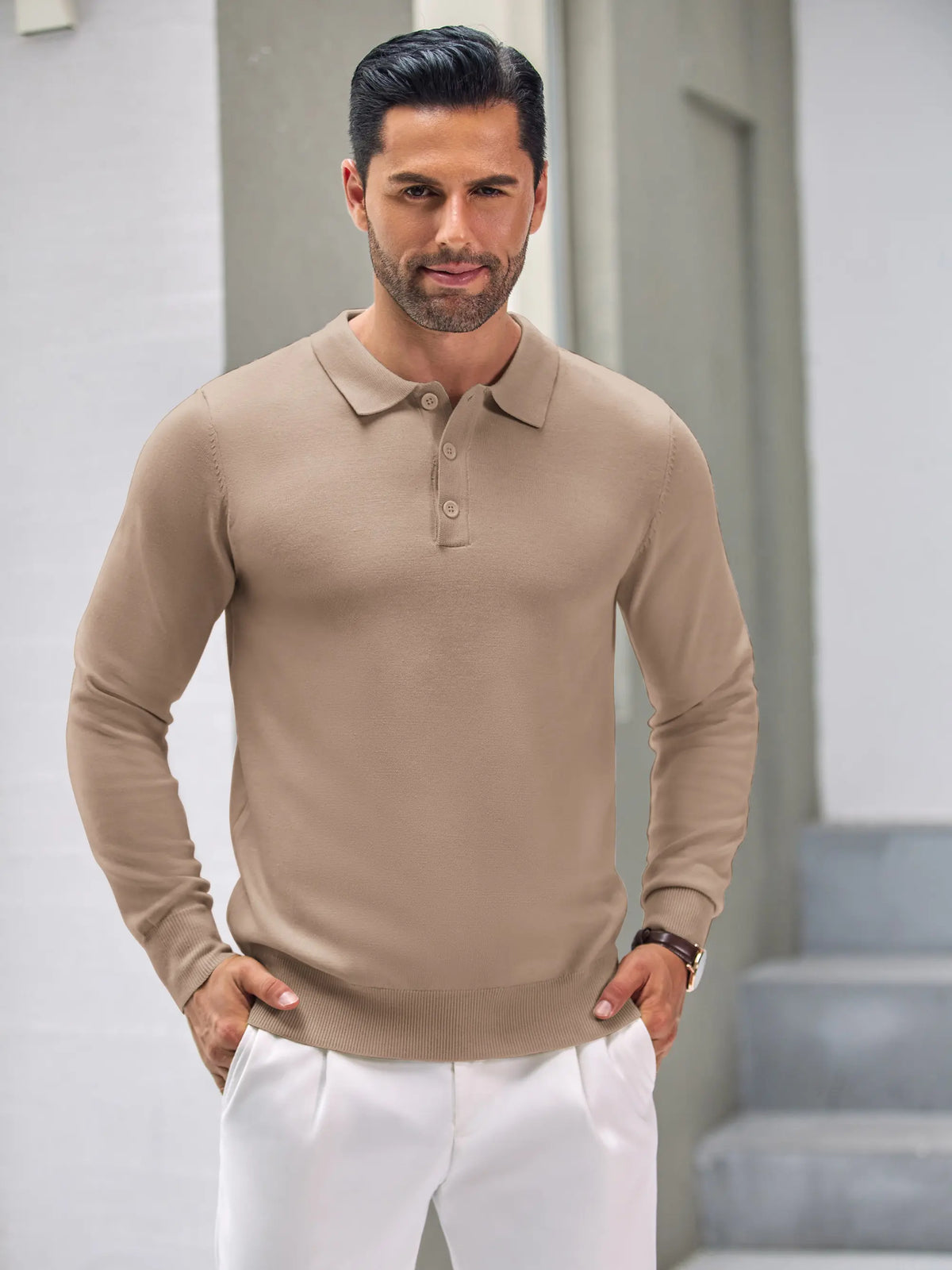 COOFANDY Men's Long Sleeve Knit Polo - Casual Button Down Golf Shirts for Men Formal Quarter
