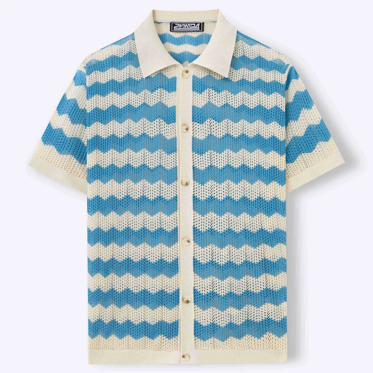 KZZ Men's Basic Vintage Hong Kong-Style Plain Short-Sleeve Knit Polo Shirt - Wavy Openwork Fabric, 80S Preppy Aesthetic Casual Summer Top, HK Retro Vibe, Button Detail, Size M, Sohochic