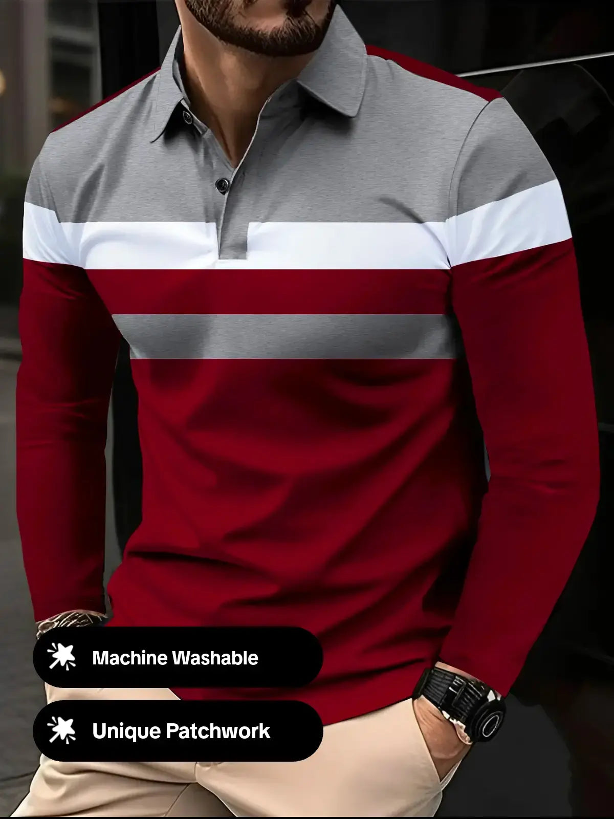 Men's Patchwork Print Long Sleeve Polo Shirt, Polo Style Regular Fit Casual Button Front Collared Top for Fall & Winter, Men's Clothes for Daily Wear, Fabric, Menswear, Casual Polo Shirts, Buttoned Polo Shirt