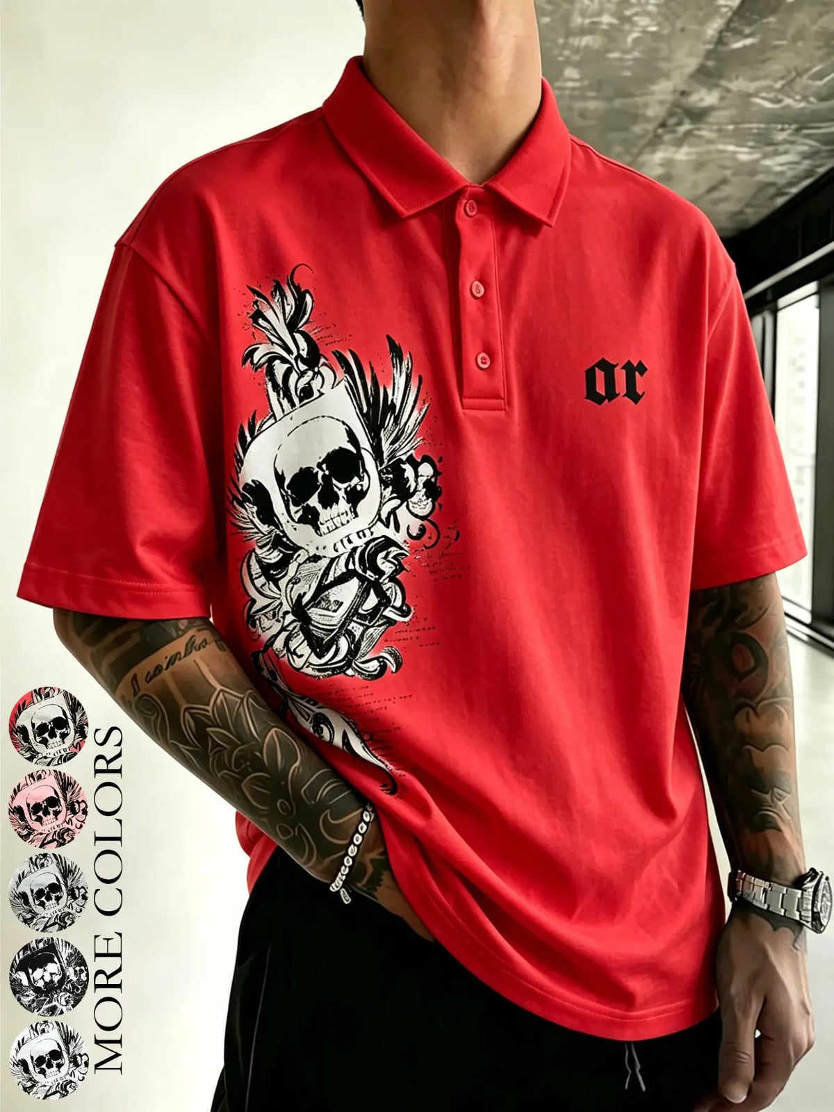 Men's Black Gothic Skeleton Letter Printed – American retro Gothic street style short-sleeved top, Streetwear Polo Shirt, suitable for Y2K, casual daily wear, date outfits, campus life, street style, light business casual, summer outings.