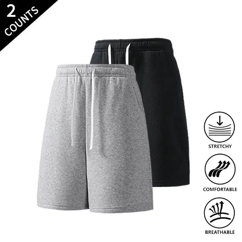 Men’s 2-Pack Wide-Leg Casual Stretchy Baggy Shorts - Elastic Comfortable Drawstring Waist, Breathable, Flexible Bottoms for Lounge & Streetwear Everyday Wear, Wide-Leg Men's Shorts