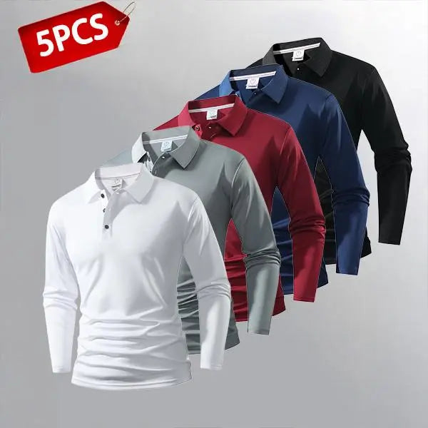 Men's Lightweight 5-Pack Long Sleeve Polo Shirts - Moisture-Wicking, Quick-Drying, Breathable Plain Sports Tops for Work, Golf,sohochic