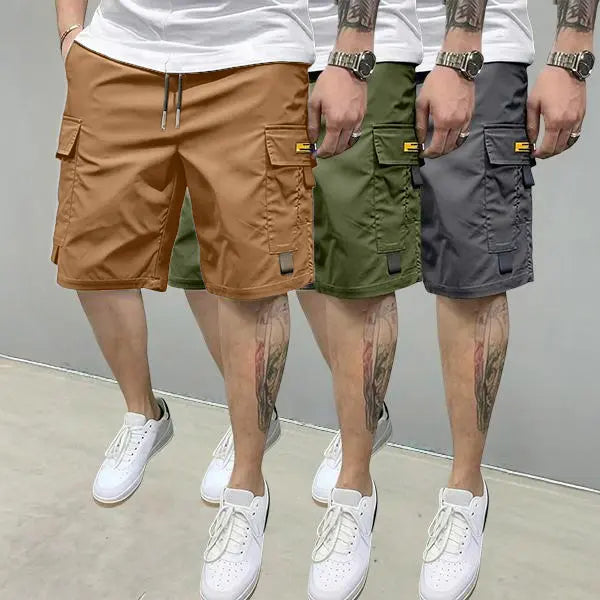 Men's 3-Piece Plain Streetwear Utility Outfits - Hoodie, Multi-Pocket Design Lightweight Mid-Rise Utility Men's Shorts, Comfortable Stylish Outdoor Clothes, Suitable for Everyday Casual & Sports Wear, Beige, Multi-Pocket Design Men's Shorts