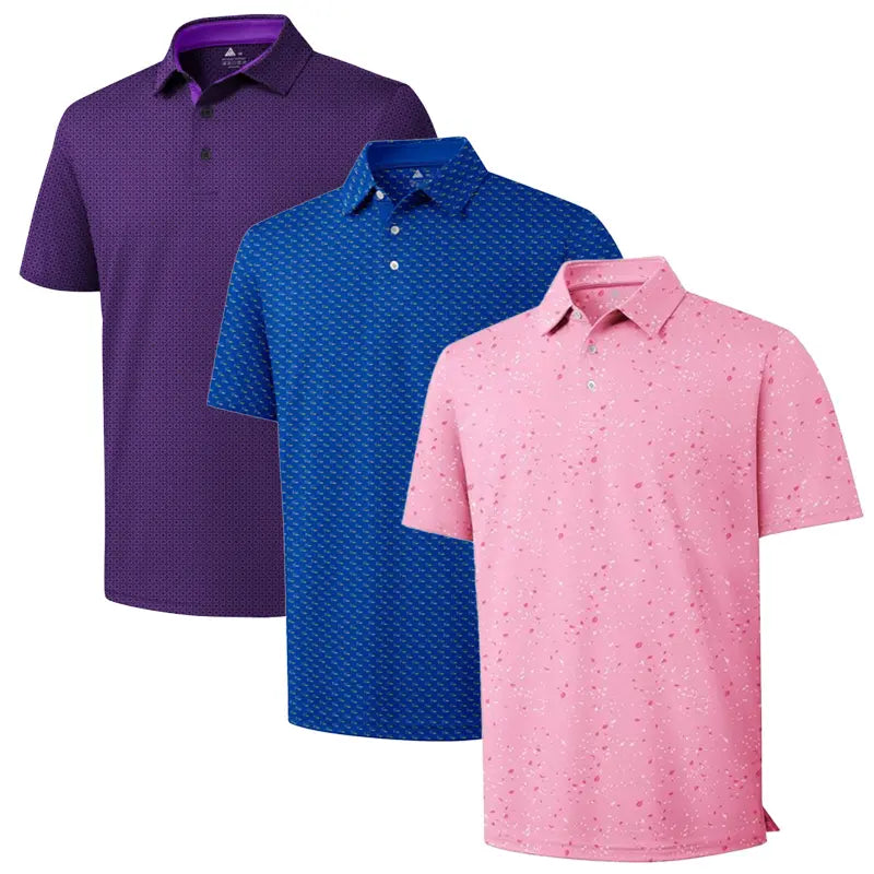 ZITY Men’s 3-Pack Short Sleeve Unique Prints Button Polo Shirts - 4-Way Stretch, Breathable, Moisture Wicking, Cool Touch, UPF 30+ Protection, Casual Outdoors/Party Top - Check Size Chart, Holiday Gifts for Boyfriend