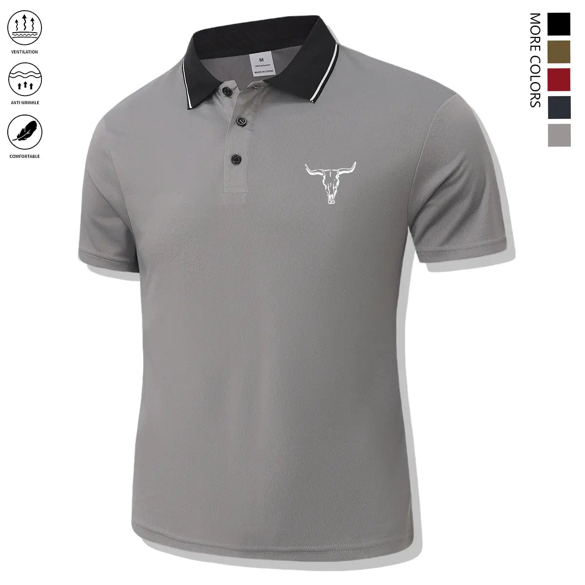 Men's Regular Fit Short-Sleeve Athletic Polo Shirt - Button-Front, Front Bull Print, Sports Shirts, Athletic Apparel Tops, Male Men's Clothing Casual Everyday Top