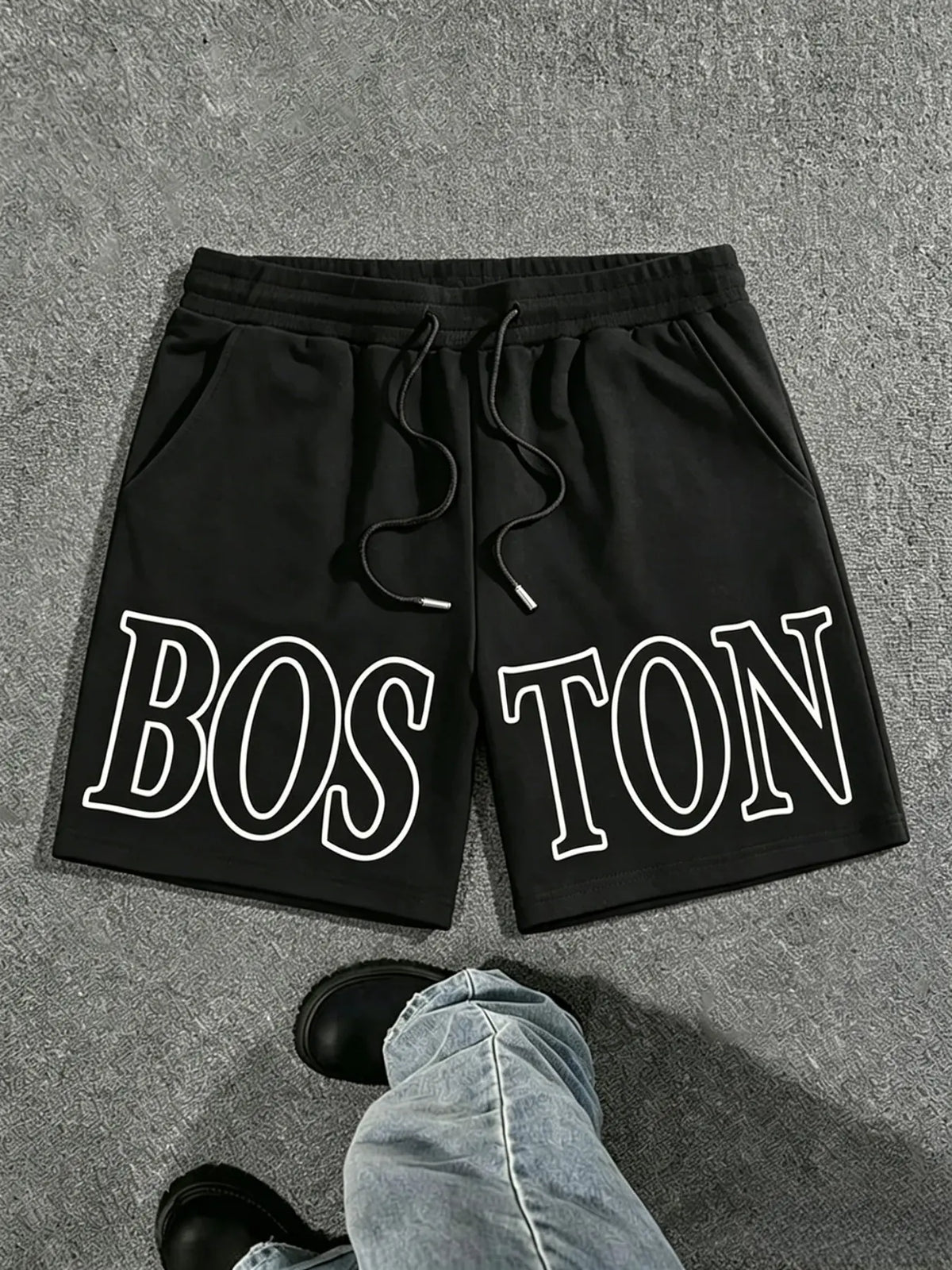 Goat Letter Print Shorts, Summer Essential, Simple and Elegant, Boston Letter Print Shorts, Casual Fitted Style, Athleisure Shorts