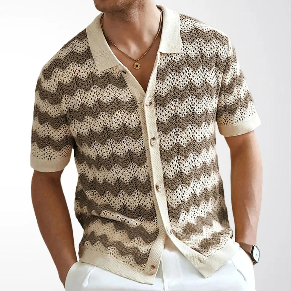 KZZ Men's Basic Vintage Hong Kong-Style Plain Short-Sleeve Knit Polo Shirt - Wavy Openwork Fabric, 80S Preppy Aesthetic Casual Summer Top, HK Retro Vibe, Button Detail, Size M, Sohochic