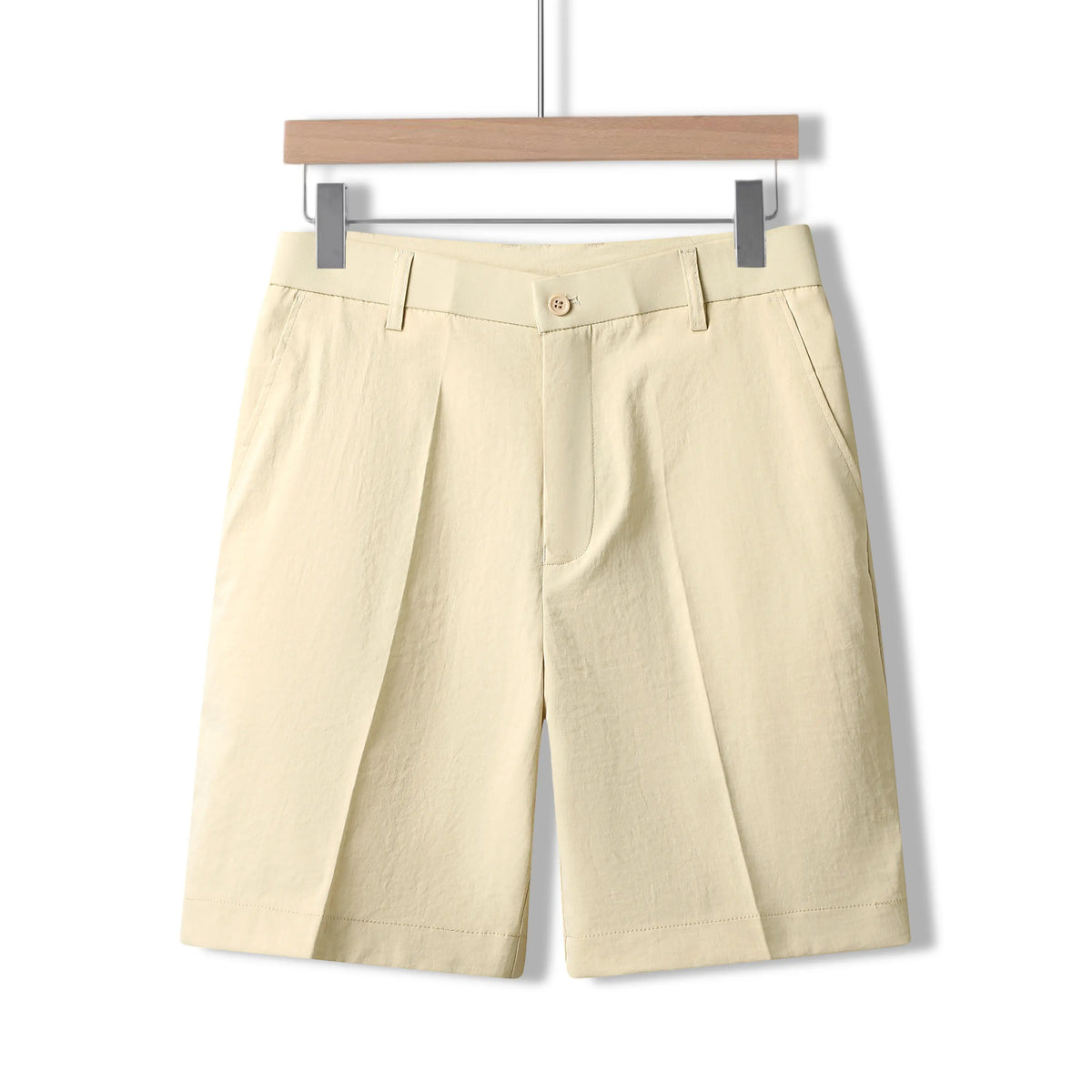 Men's Beige Fitted Pocket-Equipped Knee-Length Mid-Waist Straight Pants - Polyester Fiber, Sleek Suit Style Casual Menswear Bottoms for Resort, Beach Use