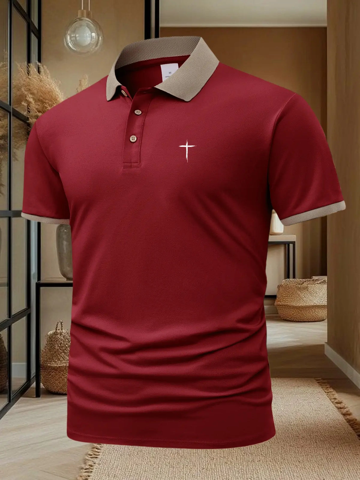 Men's Cross Print Casual Classic Short Sleeve Polo Shirt, Summer Fashion Breathable Top, Stylish Leisure Wear, Perfect Gift Idea